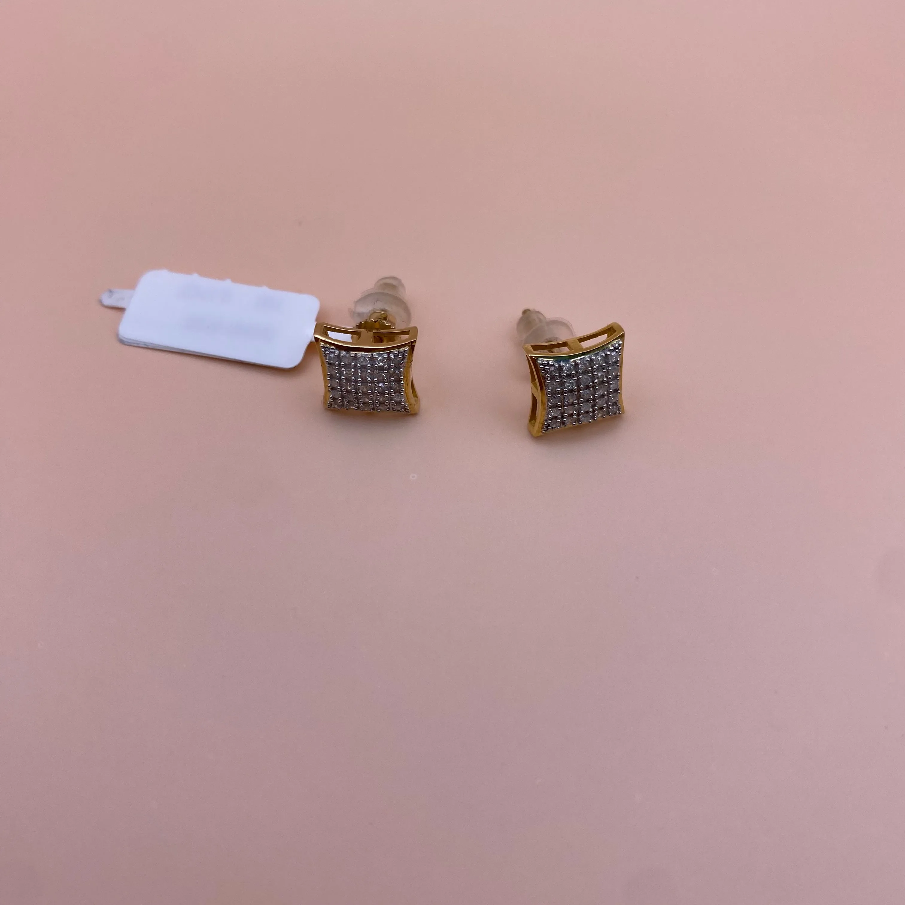 10K Yellow Gold Diamond Square Stud Earrings 0.17Ct / 1.5gr