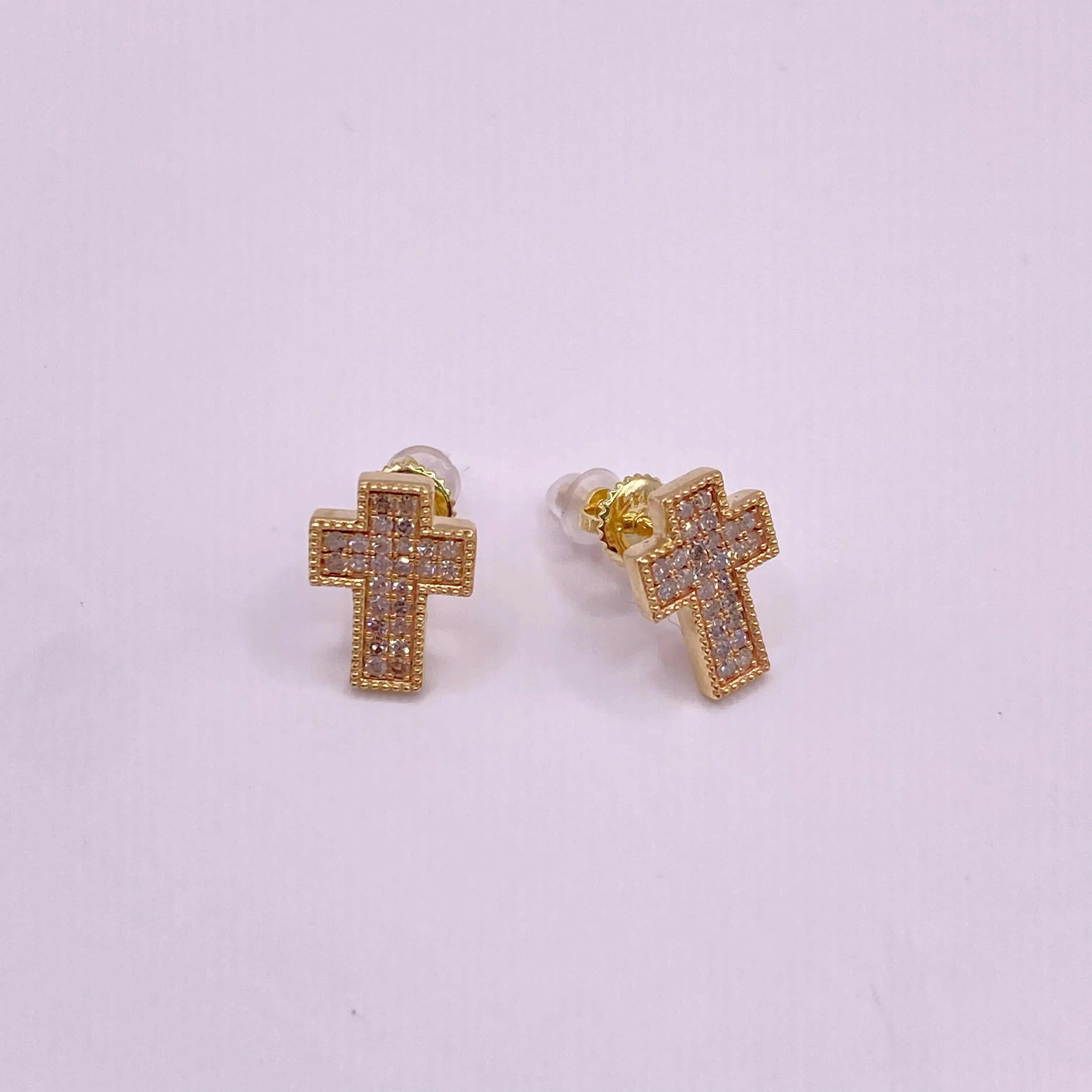 14K Yellow Gold Diamond Cross Stud Earrings 0.25Ct / 1.7gr