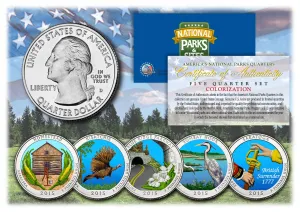 2015 America The Beautiful COLORIZED Quarters U.S. Parks 5-Coin Set with Capsules