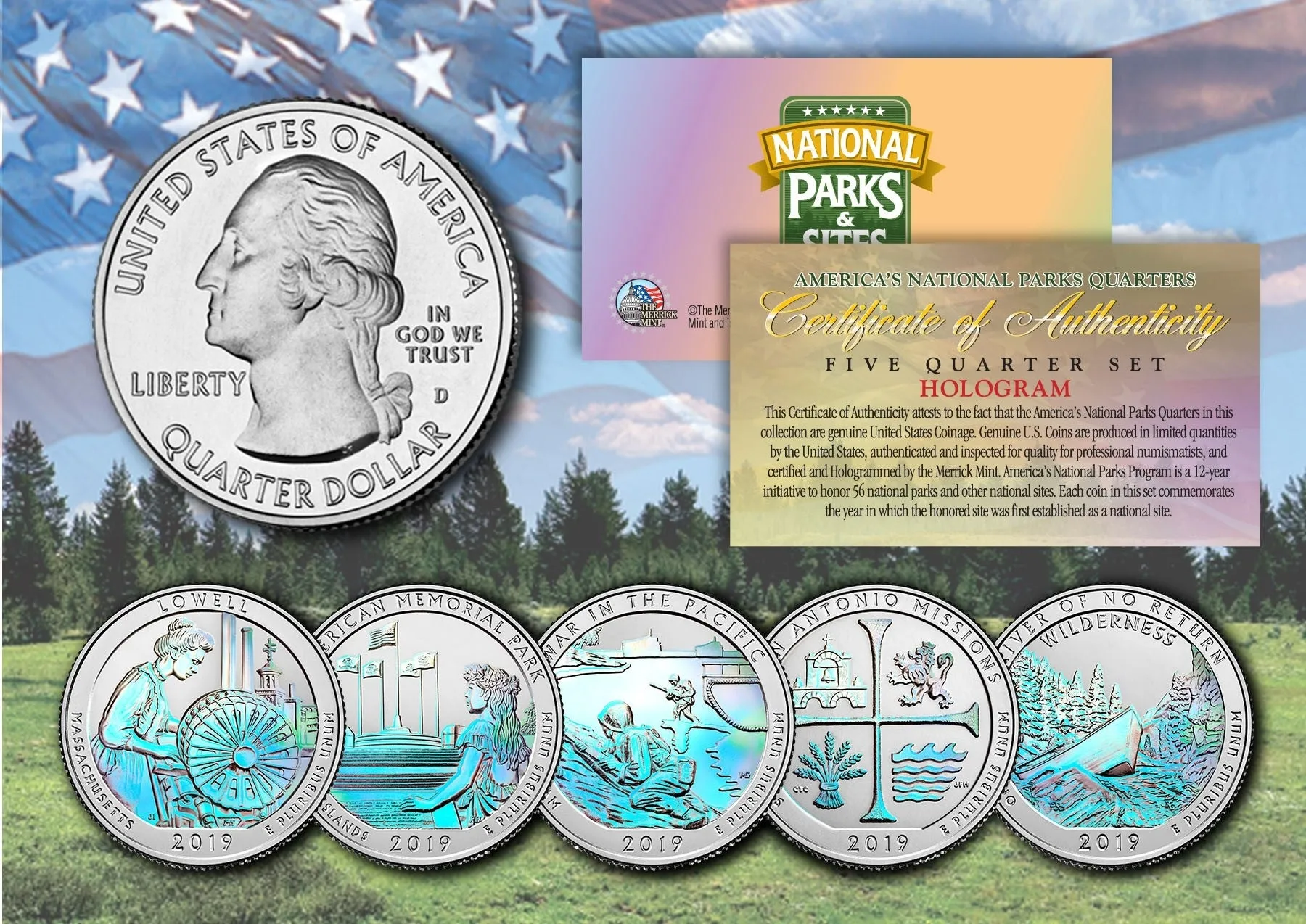 2019 America The Beautiful HOLOGRAM Quarters U.S. Parks 5-Coin Set with Capsules