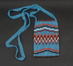 African Beaded Cell Phone Holder Bag Blue Orange Long Shoulder Strap Handcrafted South Africa