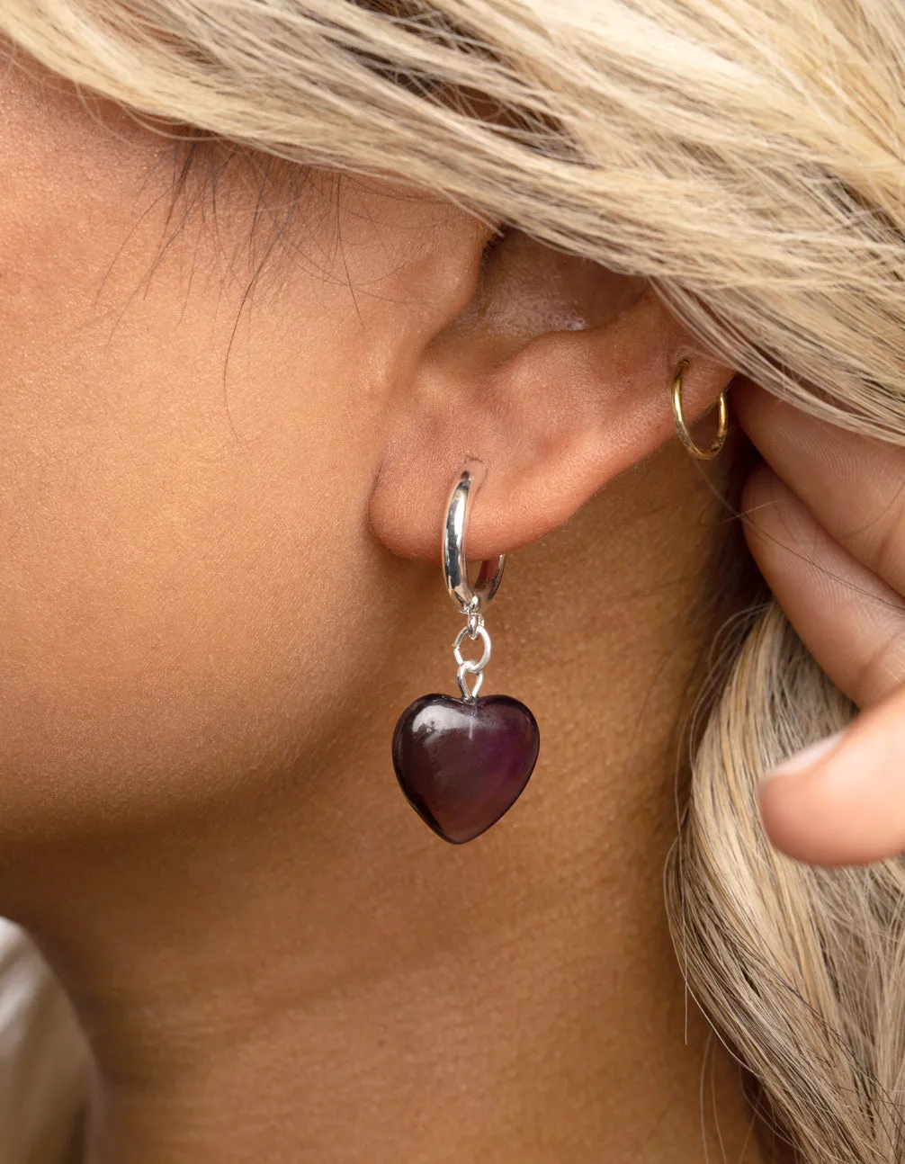 Amethyst Heart Huggie Hoop Earrings