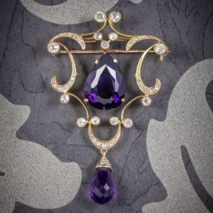 Antique Edwardian Diamond Amethyst Brooch 18Ct Gold Circa 1910