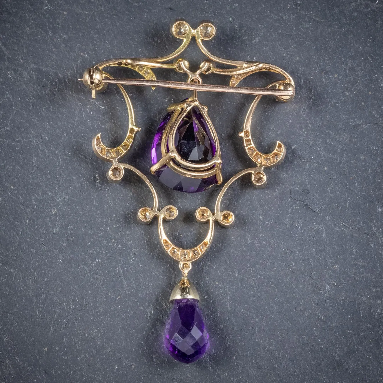 Antique Edwardian Diamond Amethyst Brooch 18Ct Gold Circa 1910