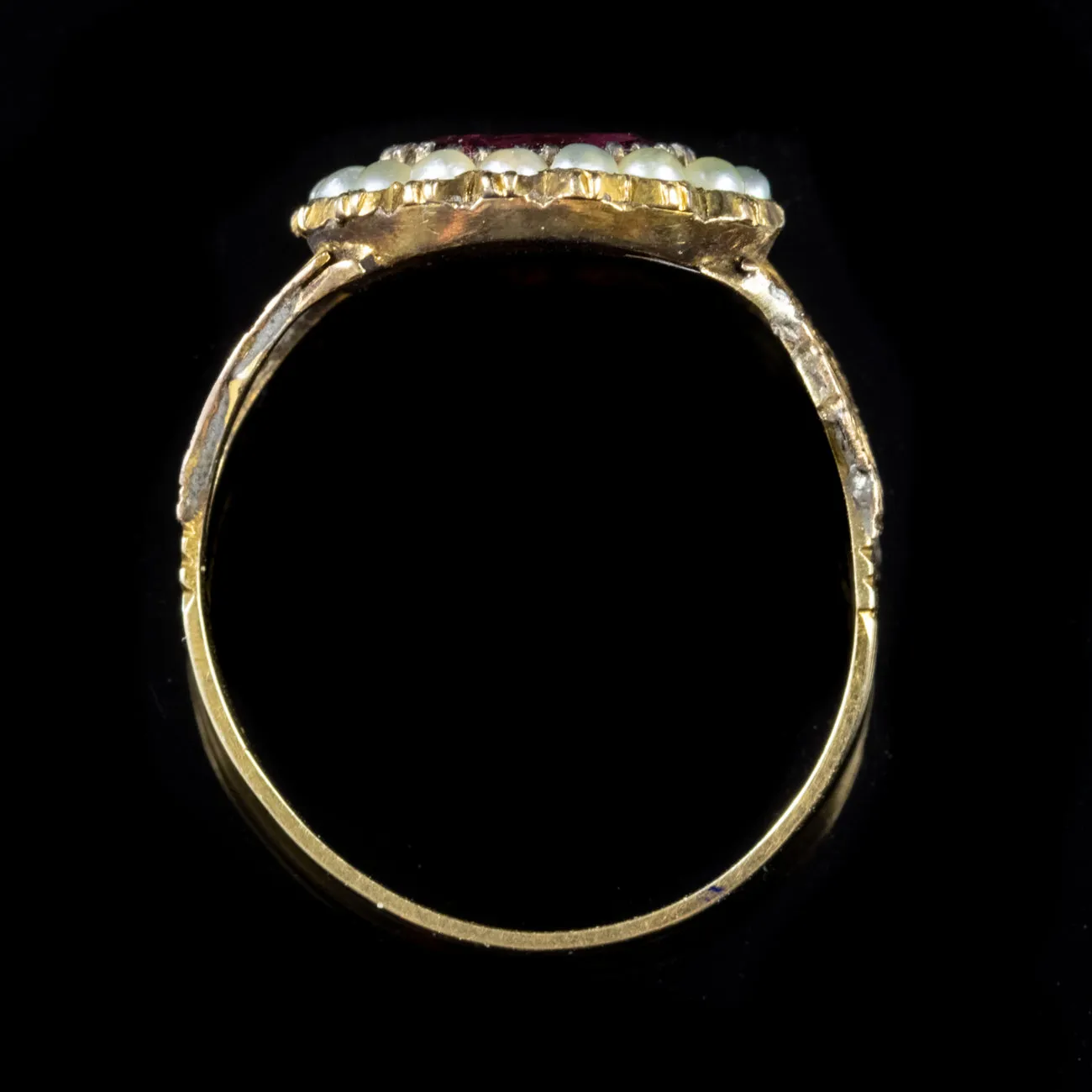 Antique Georgian Garnet Pearl Ring 18Ct Yellow Gold Circa 1800