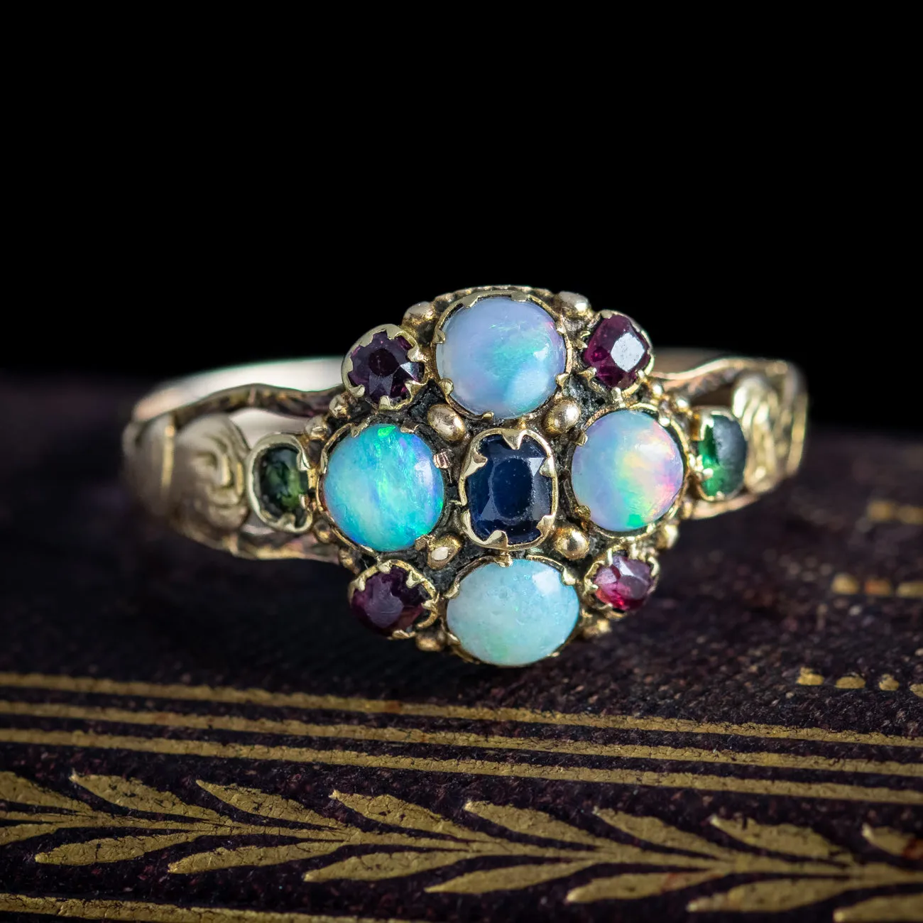 Antique Georgian Opal Sapphire Ruby Cluster Ring