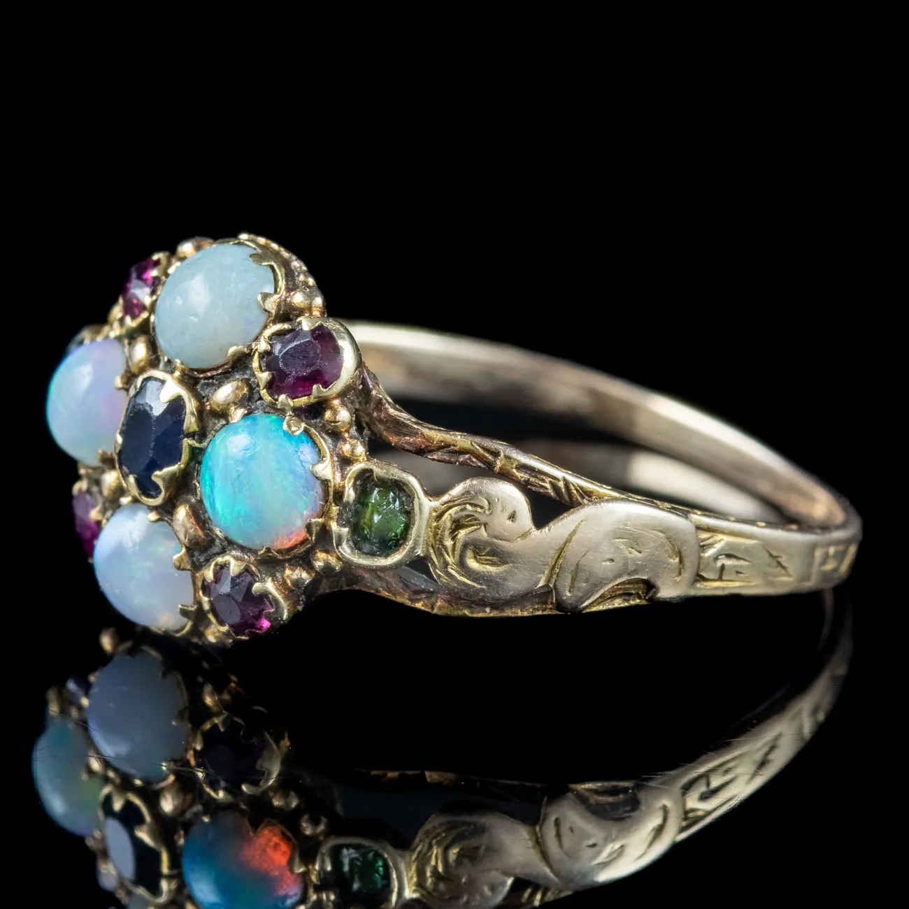 Antique Georgian Opal Sapphire Ruby Cluster Ring