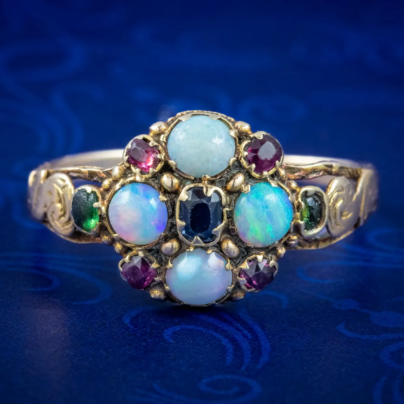 Antique Georgian Opal Sapphire Ruby Cluster Ring