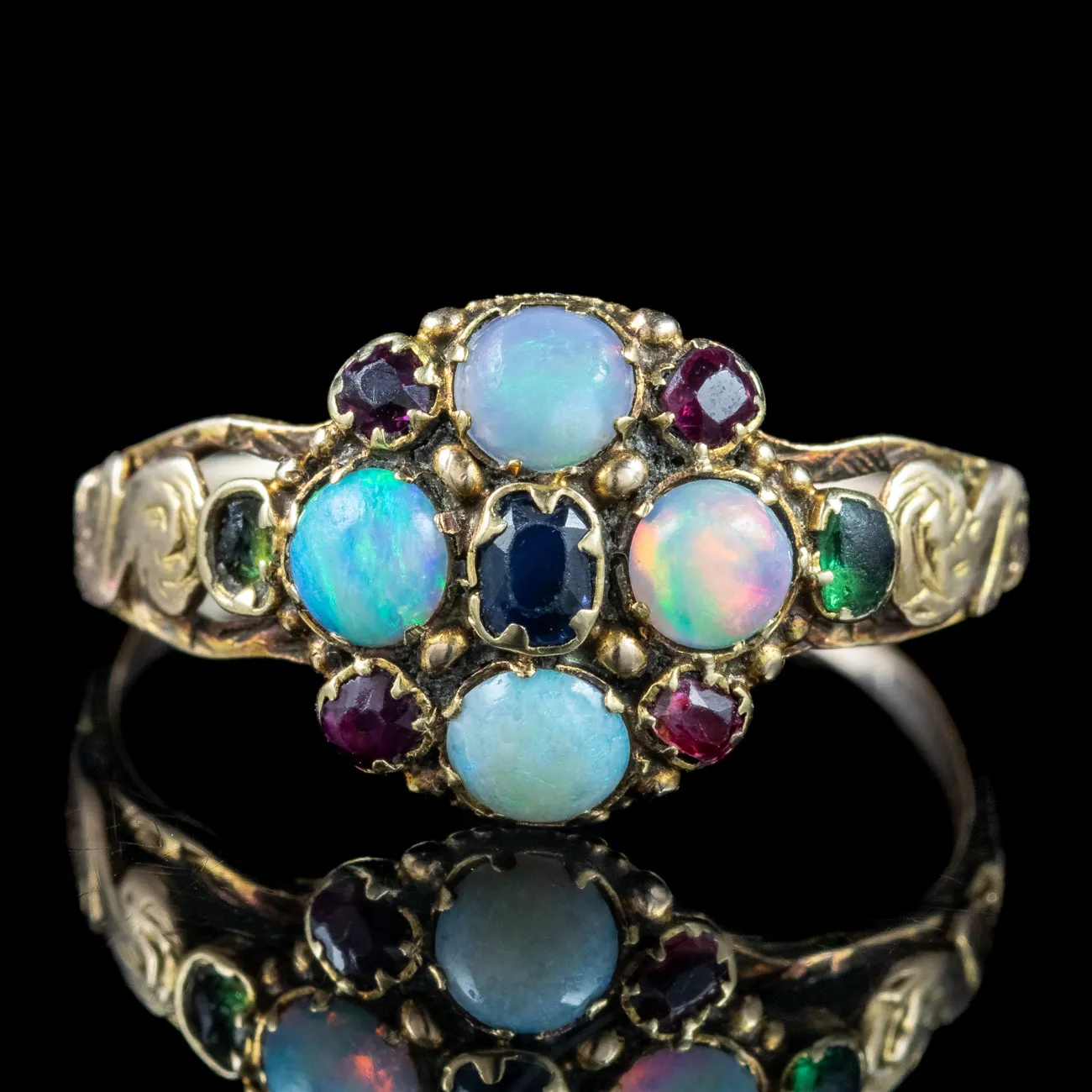 Antique Georgian Opal Sapphire Ruby Cluster Ring