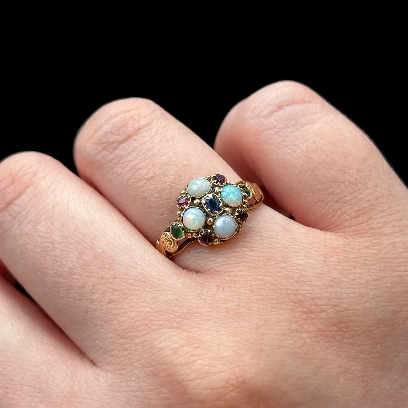 Antique Georgian Opal Sapphire Ruby Cluster Ring