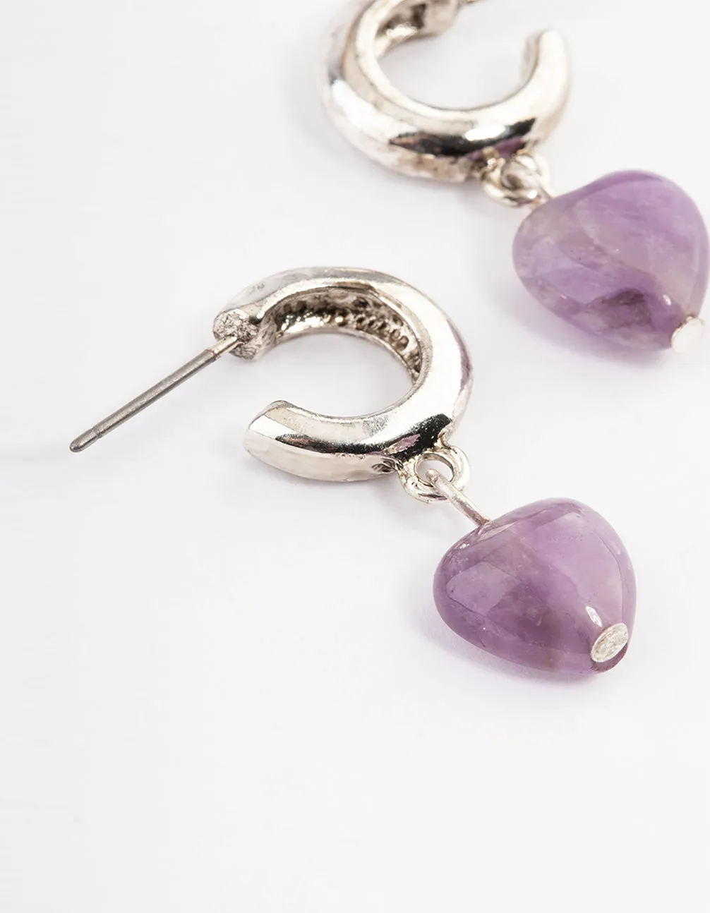 Antique Silver Amethyst Heart Huggie Earrings