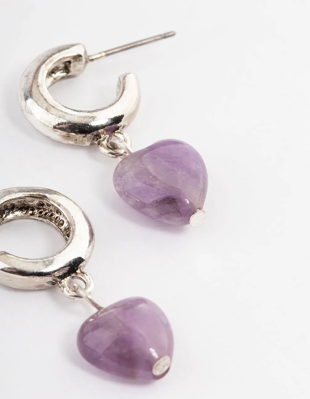 Antique Silver Amethyst Heart Huggie Earrings