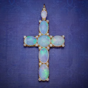 Antique Victorian 35Ct Opal Cross Pendant Diamond 18Ct Gold Circa 1900