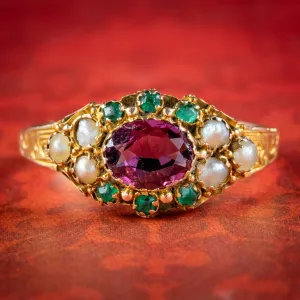 Antique Victorian Garnet Pearl Cluster Ring Circa 1890