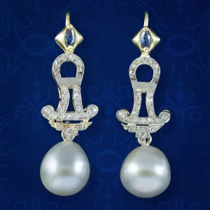 Art Deco Pearl Diamond Sapphire Drop Earrings 18ct Gold