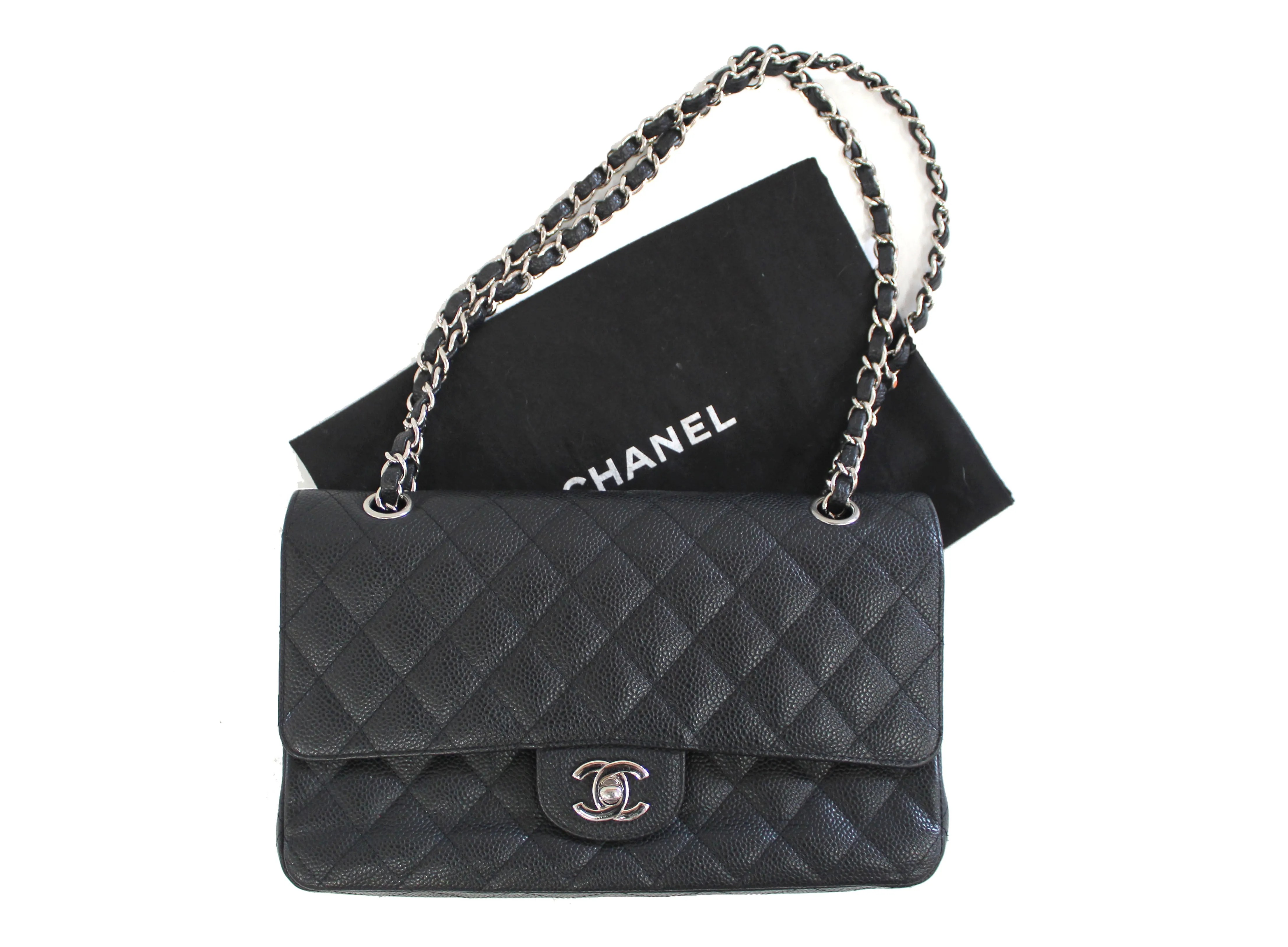 Authentic Chanel Classic Black Caviar Leather Medium Double Flap bag