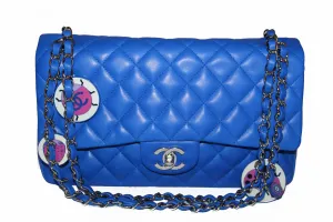 Authentic New Chanel Electric Blue Lambskin Quilted Leather Charrm Medium Classic Shoulder Bag