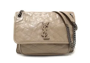 Authentic Yves Saint Laurent YSL Greyish Brown Chevron Quilted Vinatge Leather Medium Niki Bag