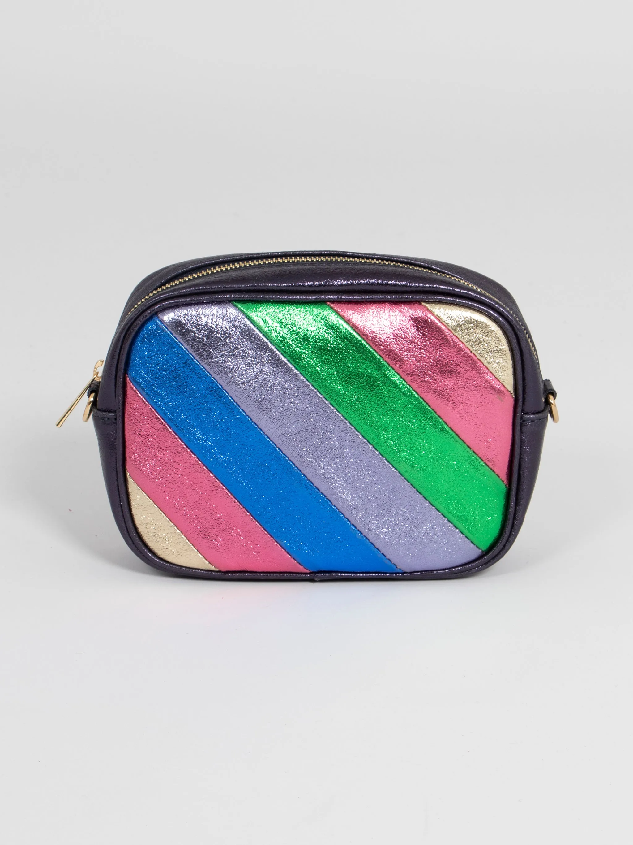 Beau - Italian Leather Crossbody Bag - Navy Blue Rainbow, Metallic