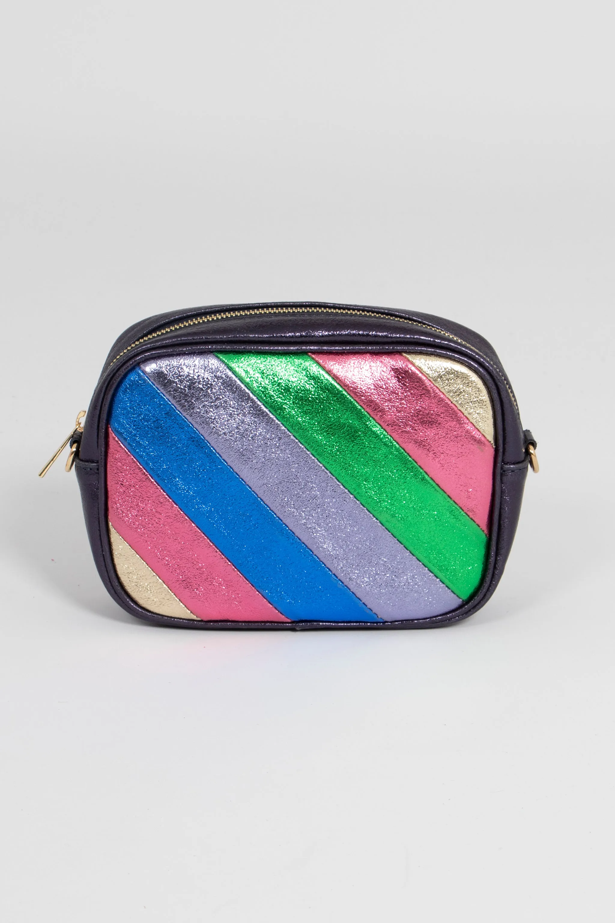 Beau - Italian Leather Crossbody Bag - Navy Blue Rainbow, Metallic