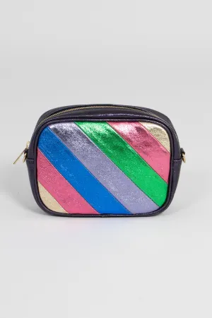 Beau - Italian Leather Crossbody Bag - Navy Blue Rainbow, Metallic