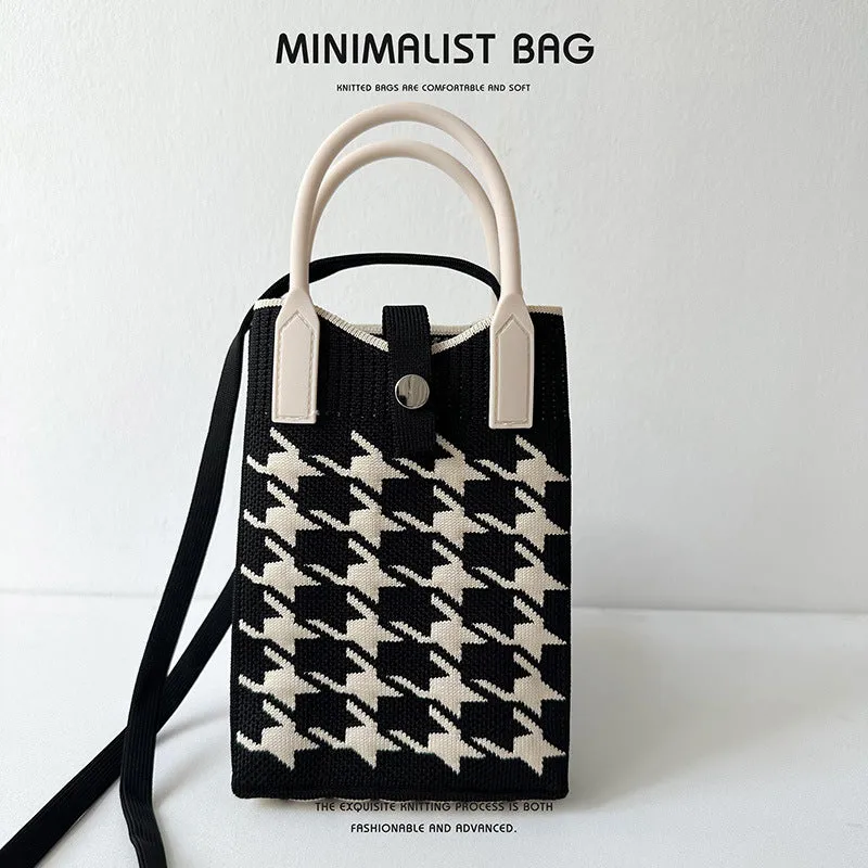 Black and White Houndstooth Mini Knit Phone Bag