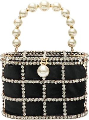 Black Clutch Purse with Diamond Pearls Handbag