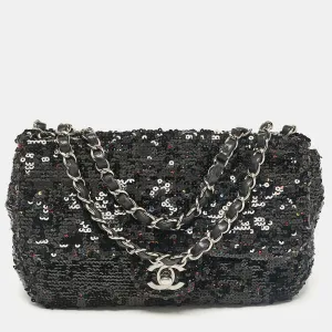 Black Leather and Sequins Classic Single Flap Flap Bag