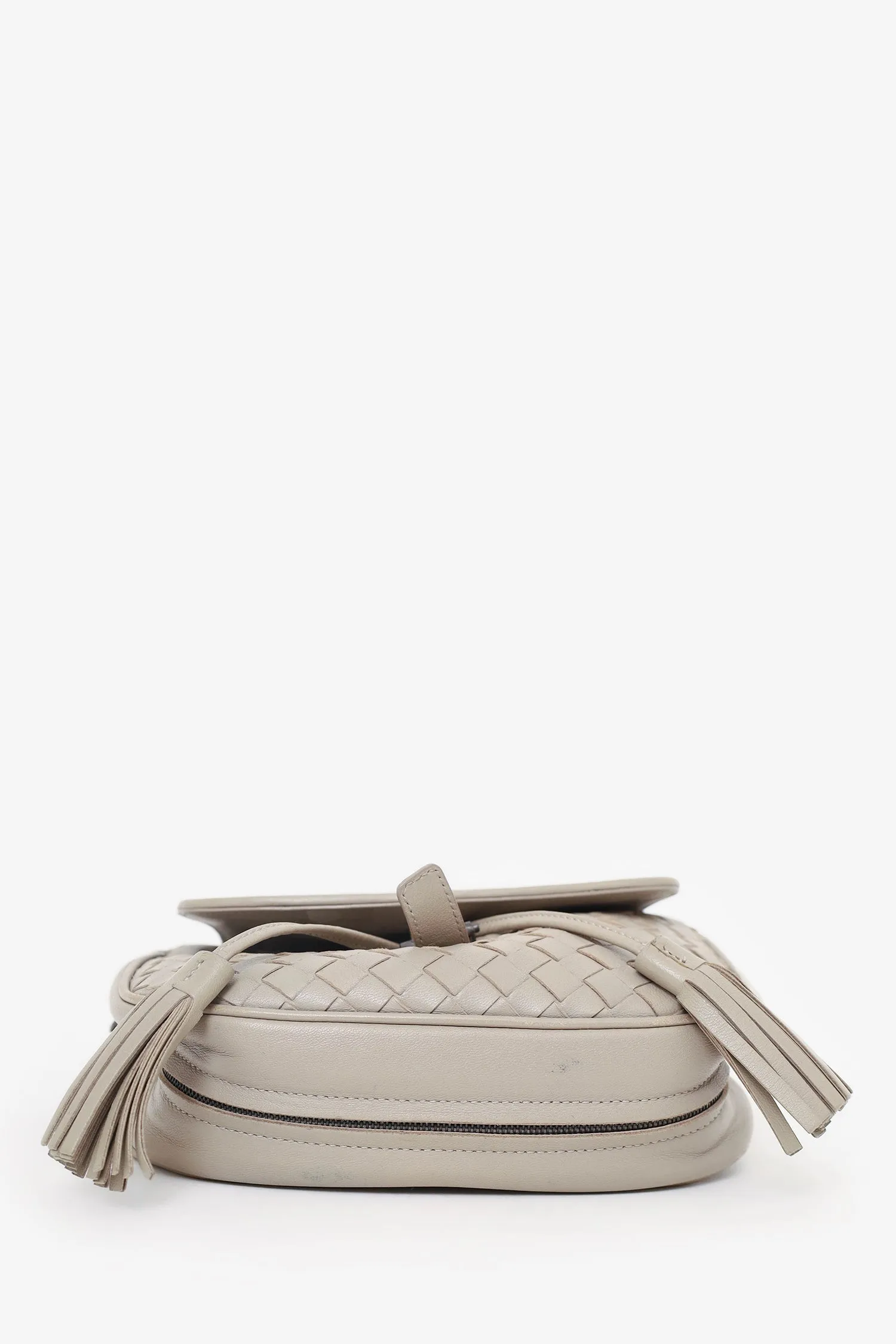 Bottega Veneta Beige Intrecciato Leather Tassel Flap Waist Bag