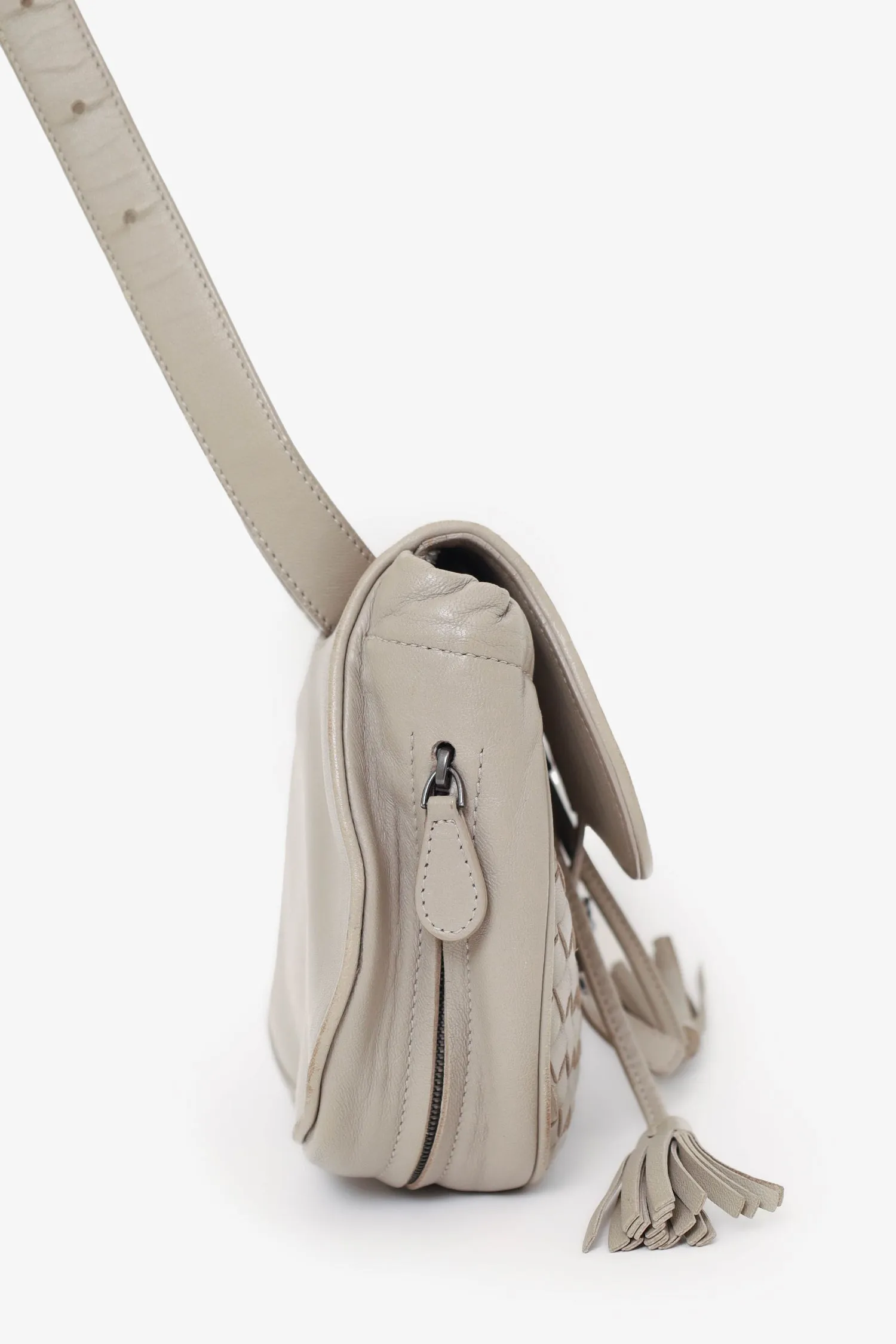 Bottega Veneta Beige Intrecciato Leather Tassel Flap Waist Bag