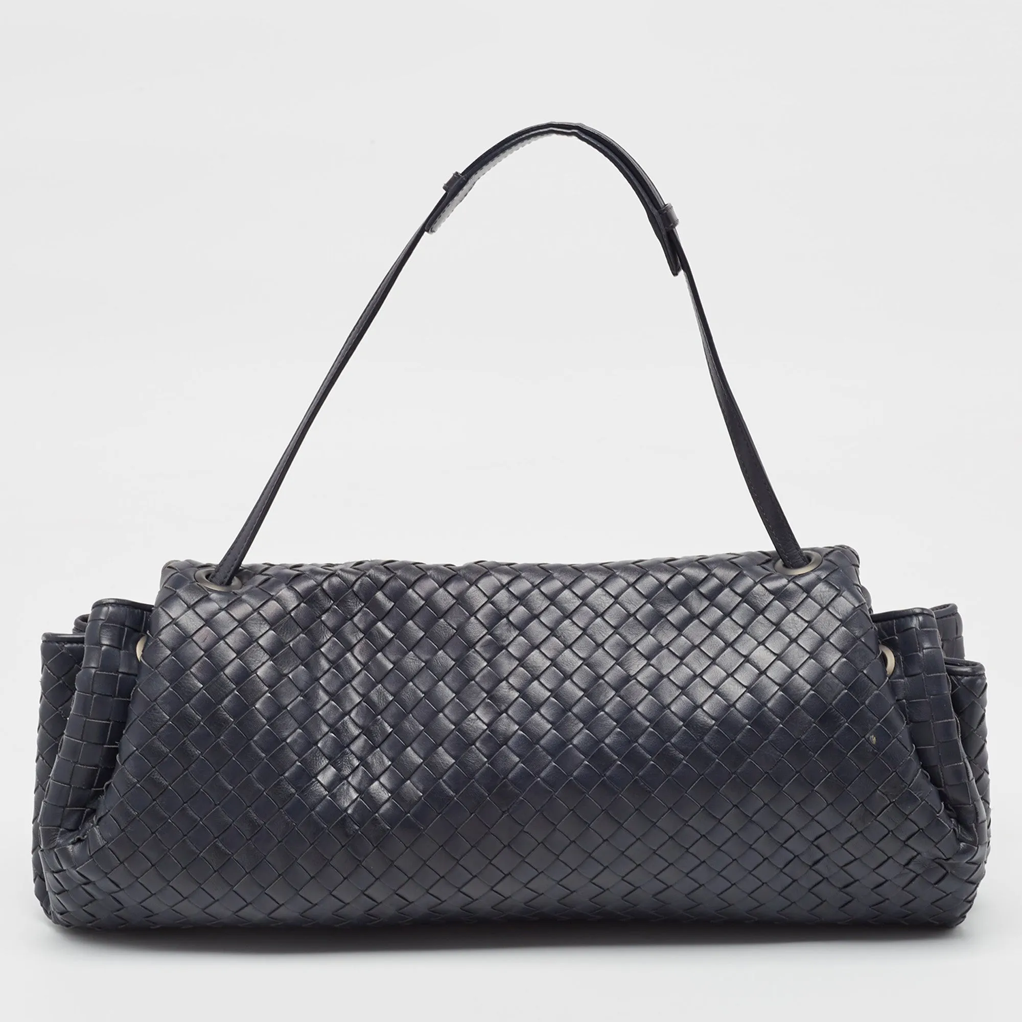 BOTTEGA VENETA Navy Blue Intrecciato Leather Drawstring Flap Bag