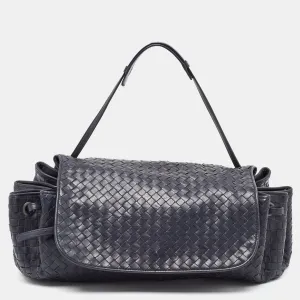 BOTTEGA VENETA Navy Blue Intrecciato Leather Drawstring Flap Bag