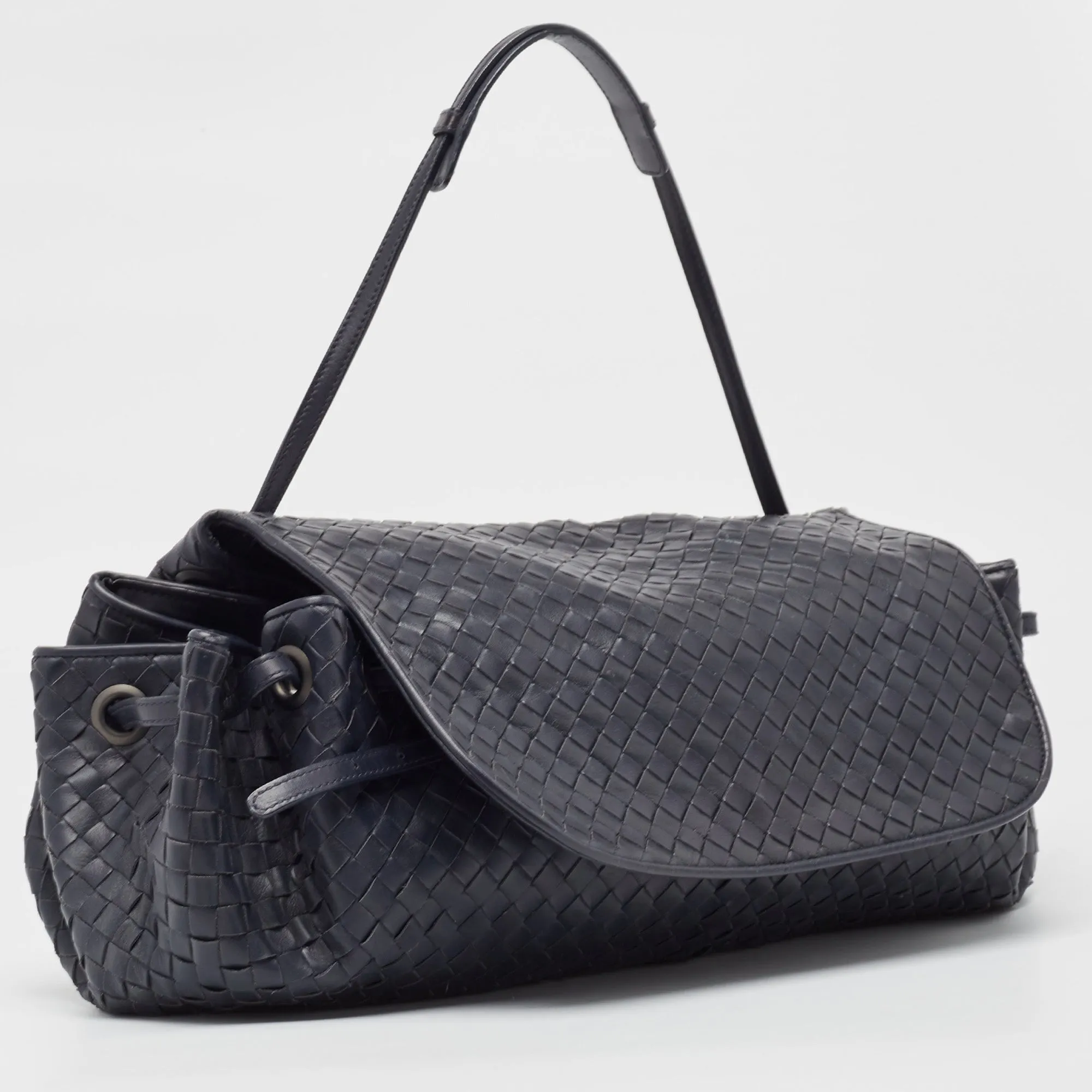 BOTTEGA VENETA Navy Blue Intrecciato Leather Drawstring Flap Bag