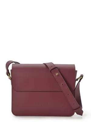 Burgundy leather square crossbody bag with flap