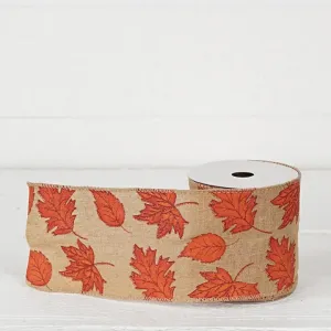 Burlap w/ Orange Fall Leaves Wired Ribbon - 4" x 10yds