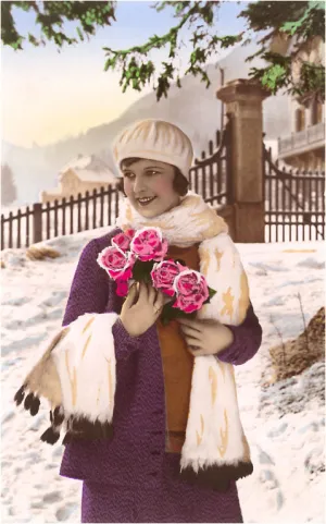 BW-09 Woman in Snow with Flowers - Vintage Image