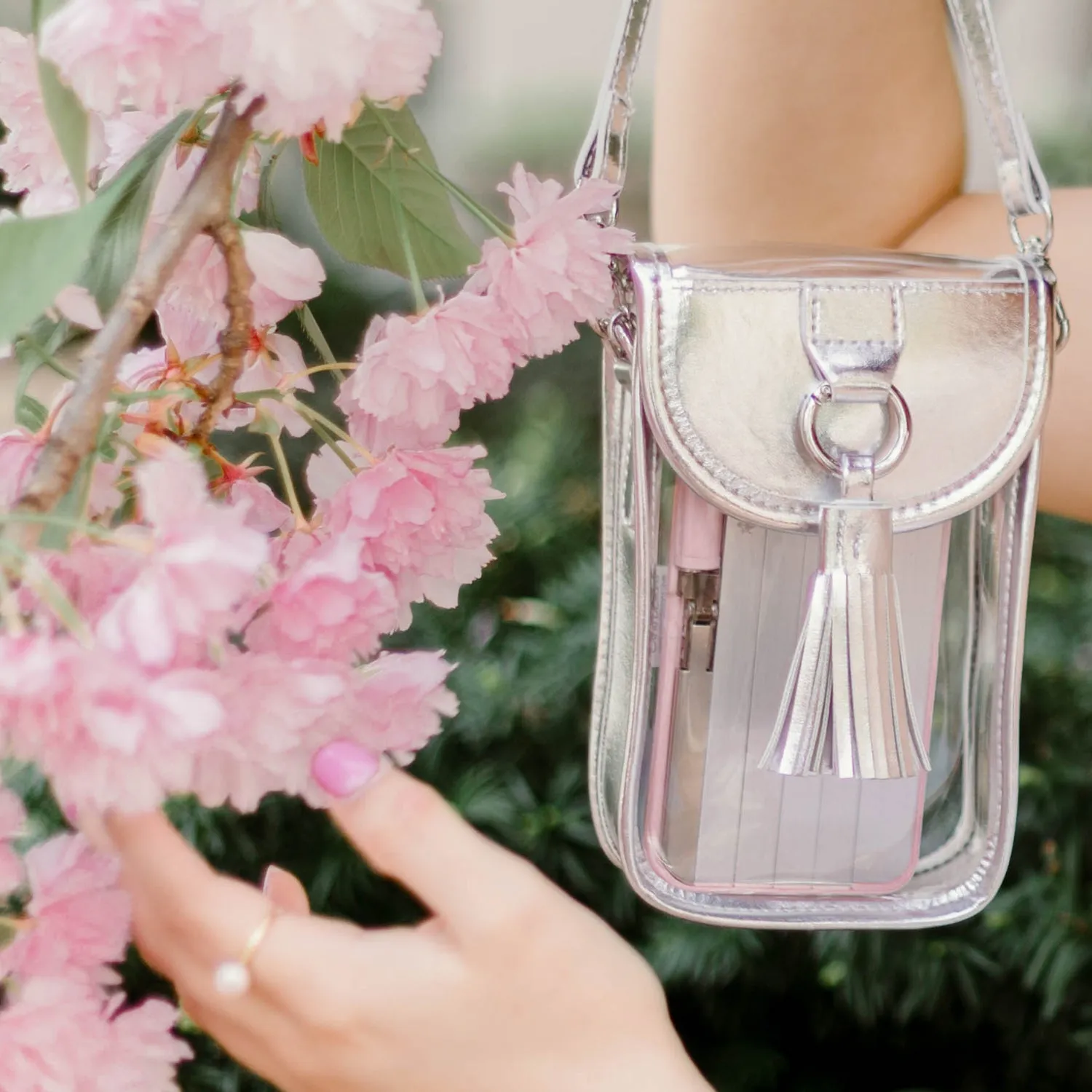 Cell Phone Crossbody - Clear Bag with Silver Accents