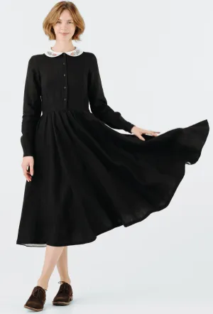 Classic Dress with Embroidered Wildwood Collar, Long Sleeve