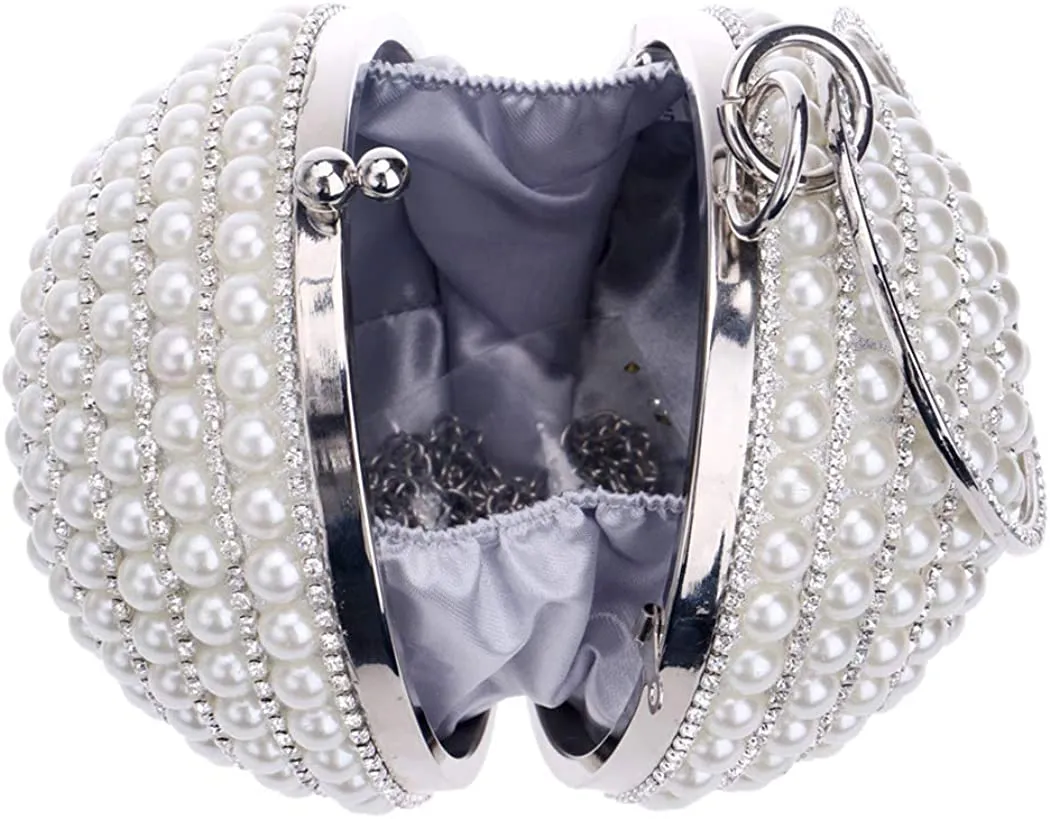 Crystal Silver Round Ball Handbag Artificial Pearl Purse