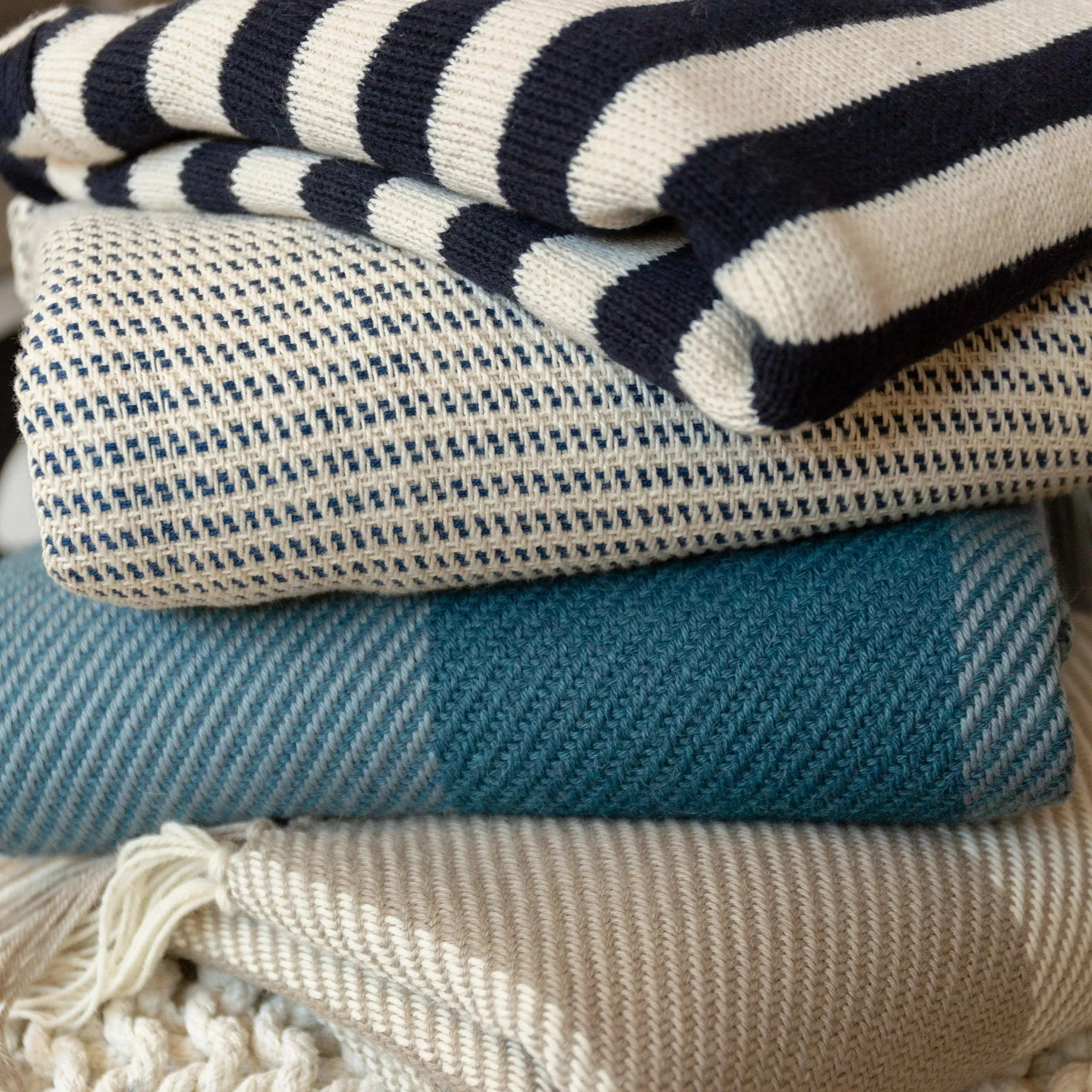 Deep Sea Blue Striped Handwoven Cotton Throw