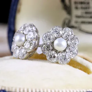 Diamond Pearl Cluster 18Ct Gold Earrings