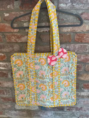 Farylina Mixed Floral Print Quilted Jane Tote Bag in Green and Yellow