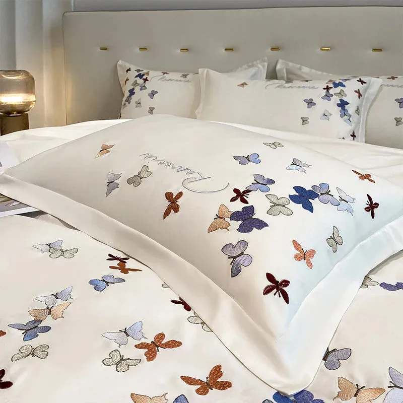 Flytonn-100% Egyptian Cotton Luxury Bedding Set Butterfly Embroidery 100% Cotton  Duvet Cover Set Flat Sheet Fitted Sheet Pillowcases