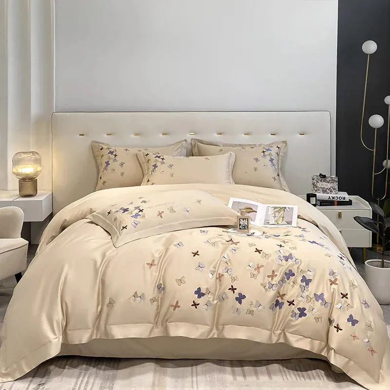 Flytonn-100% Egyptian Cotton Luxury Bedding Set Butterfly Embroidery 100% Cotton  Duvet Cover Set Flat Sheet Fitted Sheet Pillowcases