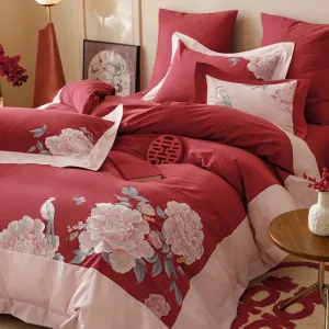 Flytonn-1000TC Egyptian Cotton Luxury Chinese Style Flowers Embroidery Wedding Bedding Set Duvet Cover Flat/Fitted Bed Sheet Pillowcases