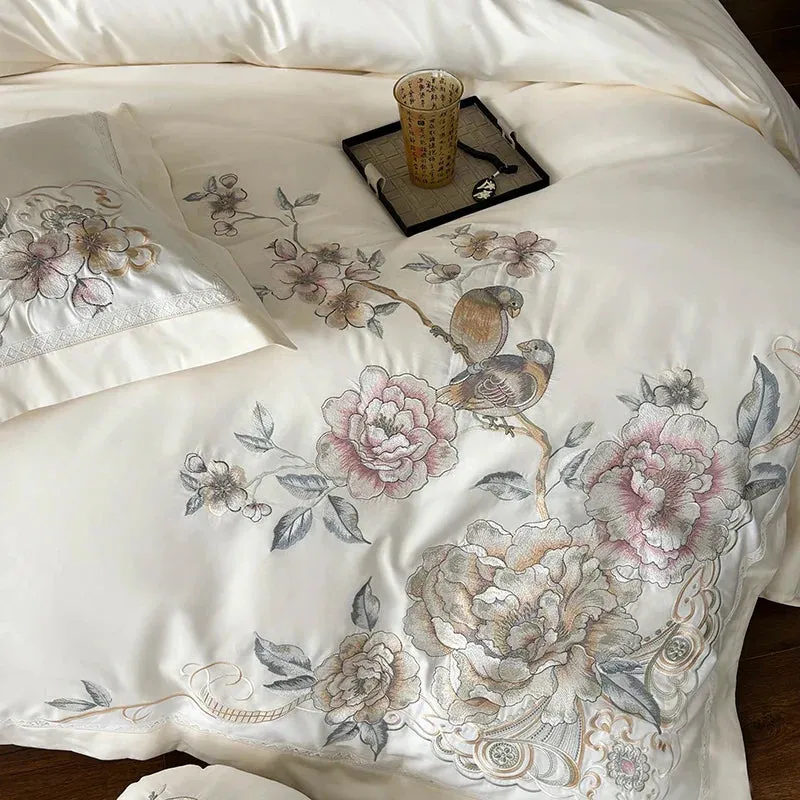 Flytonn-4/5Pcs  Chinese Style Flowers Bird Embroidery Bedding Set 1000TC Egyptian Cotton Queen King Duvet Cover Bed Sheet Pillowcases