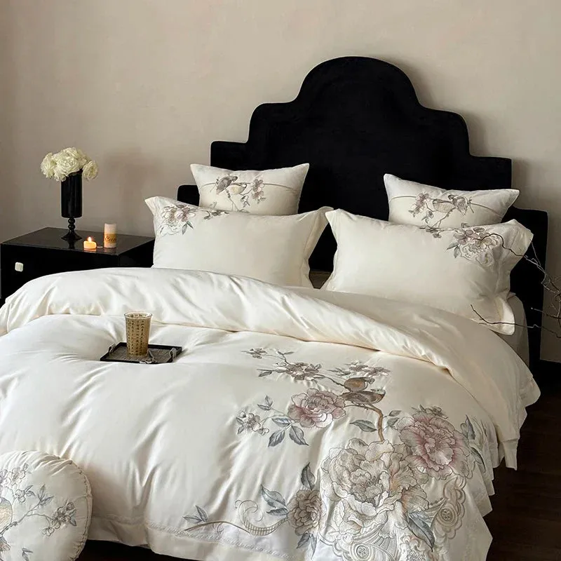 Flytonn-4/5Pcs  Chinese Style Flowers Bird Embroidery Bedding Set 1000TC Egyptian Cotton Queen King Duvet Cover Bed Sheet Pillowcases