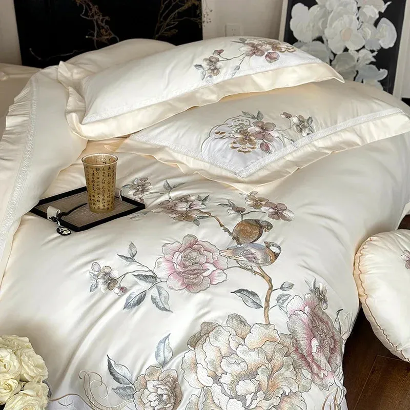 Flytonn-4/5Pcs  Chinese Style Flowers Bird Embroidery Bedding Set 1000TC Egyptian Cotton Queen King Duvet Cover Bed Sheet Pillowcases