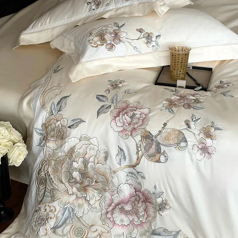 Flytonn-4/5Pcs  Chinese Style Flowers Bird Embroidery Bedding Set 1000TC Egyptian Cotton Queen King Duvet Cover Bed Sheet Pillowcases