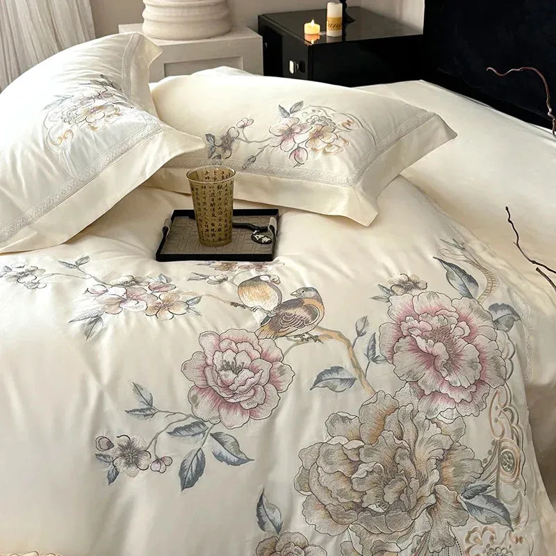 Flytonn-4/5Pcs  Chinese Style Flowers Bird Embroidery Bedding Set 1000TC Egyptian Cotton Queen King Duvet Cover Bed Sheet Pillowcases